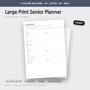 Pode incluir: Um documento Large Print Senior Planner composto por 8 folhas de papel branco com texto preto. O formul&aacute;rio inclui sec&ccedil;&otilde;es para informa&ccedil;&otilde;es pessoais, contactos familiares, detalhes m&eacute;dicos, contactos de m&eacute;dicos e farm&aacute;cias, e seguros.