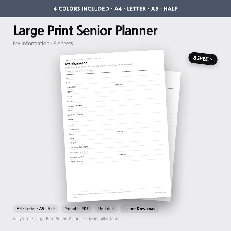 Pode incluir: Um documento Large Print Senior Planner composto por 8 folhas de papel branco com texto preto. O formul&aacute;rio inclui sec&ccedil;&otilde;es para informa&ccedil;&otilde;es pessoais, contactos familiares, detalhes m&eacute;dicos, contactos de m&eacute;dicos e farm&aacute;cias, e seguros.