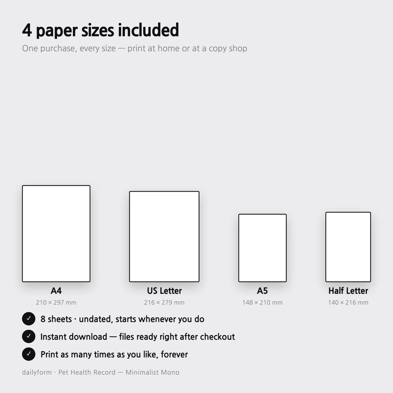 Puede incluir: Una plantilla de documento digital titulada 4 paper sizes included, con cuatro contornos de papel rectangulares blancos etiquetados A4 210 x 297 mm, US Letter 216 x 279 mm, A5 148 x 210 mm y Half Letter 140 x 216 mm, con 8 hojas sin fecha.