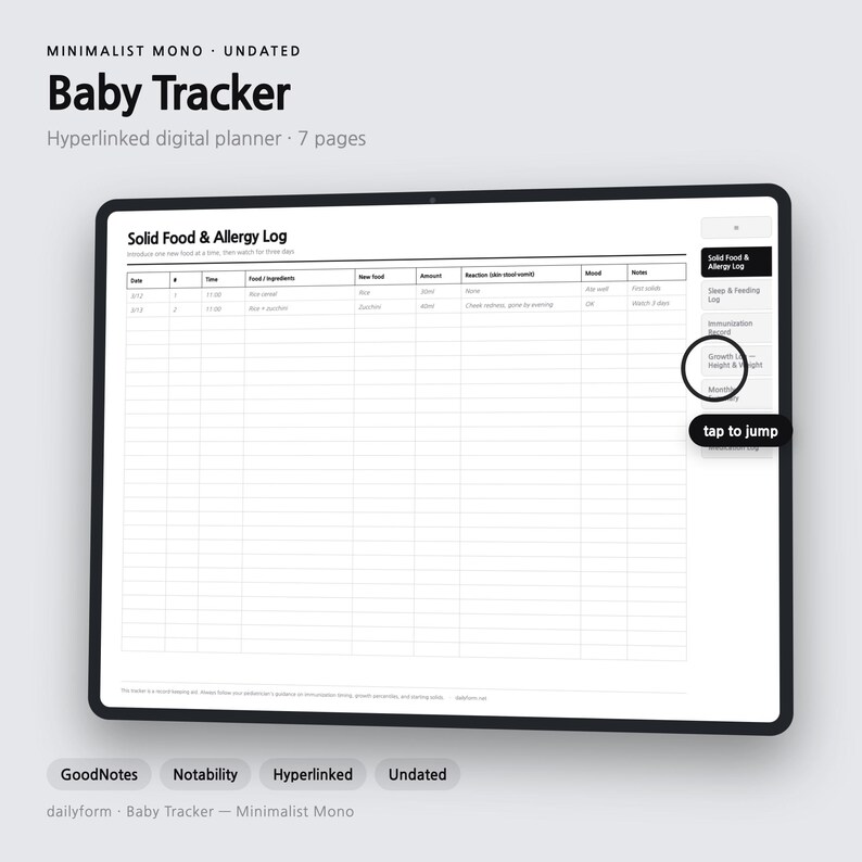 Baby Tracker Digital Planner | Feeding, Sleep & Growth - GoodNotes | 4 Colors | 7 Pages | Instant Download Bild 1