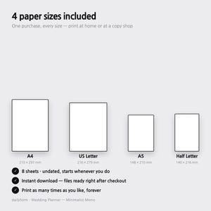 May include: A digital product display showing 4 paper sizes included: A4 (210 x 297 mm), US Letter (216 x 279 mm), A5 (148 x 210 mm), and Half Letter (140 x 216 mm). Features 8 undated sheets, instant download, and unlimited printing.