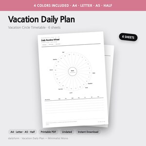 K&ouml;nnte beinhalten: Ein druckbares Urlaubs-Tagesplan-Blatt mit einem kreisf&ouml;rmigen 24-Stunden-Zeitplan, einem Namensfeld und linierten Bereichen f&uuml;r Notizen. Das Dokument enth&auml;lt Textbeschriftungen f&uuml;r Zeitfenster und Wochentage und umfasst insgesamt 6 Bl&auml;tter.