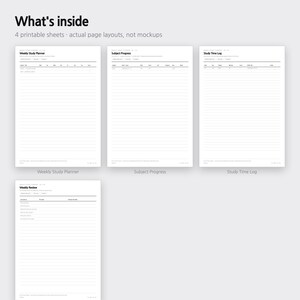 Puede incluir: Cuatro hojas de planificaci&oacute;n de estudio imprimibles con texto negro sobre papel blanco. Los dise&ntilde;os incluyen un Weekly Study Planner, un seguimiento de Subject Progress, un Study Time Log y una Weekly Review con encabezados y l&iacute;neas.