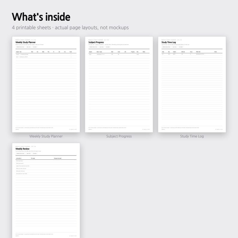 Puede incluir: Cuatro hojas de planificaci&oacute;n de estudio imprimibles con texto negro sobre papel blanco. Los dise&ntilde;os incluyen un Weekly Study Planner, un seguimiento de Subject Progress, un Study Time Log y una Weekly Review con encabezados y l&iacute;neas.