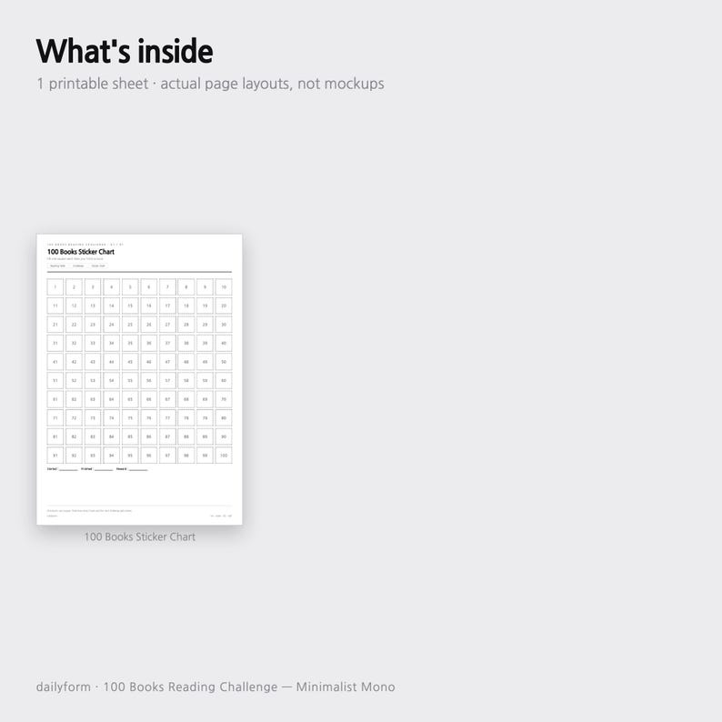Peut inclure: Une feuille imprimable blanche intitul&eacute;e 100 Books Sticker Chart pr&eacute;sentant une grille de cent carr&eacute;s num&eacute;rot&eacute;s pour suivre la progression de lecture. La mise en page inclut des champs de texte pour noter la date de d&eacute;but, de fin et l'objectif.
