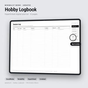 May include: A digital tablet displaying a Hobby Logbook planner page with a Session Log table. The interface features a sidebar with navigation buttons, including a highlighted Catch/Collection Log button with a tap to jump label.