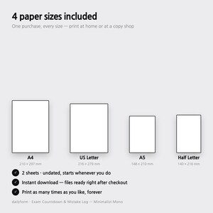 Puede incluir: Un documento digital que enumera 4 tama&ntilde;os de papel: A4 (210 x 297 mm), US Letter (216 x 279 mm), A5 (148 x 210 mm) y Half Letter (140 x 216 mm). El texto incluye: 4 paper sizes included, 2 sheets undated, instant download, print as many times.