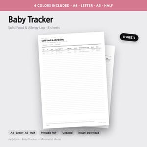 Pu&ograve; includere: Un documento stampabile Baby Tracker con un registro di alimenti solidi e allergie di 8 fogli. La carta bianca include colonne per data, ora, cibo, ingredienti, nuovo cibo, quantit&agrave;, reazione, umore e note. Include formati A4, Letter, A5 e Half.