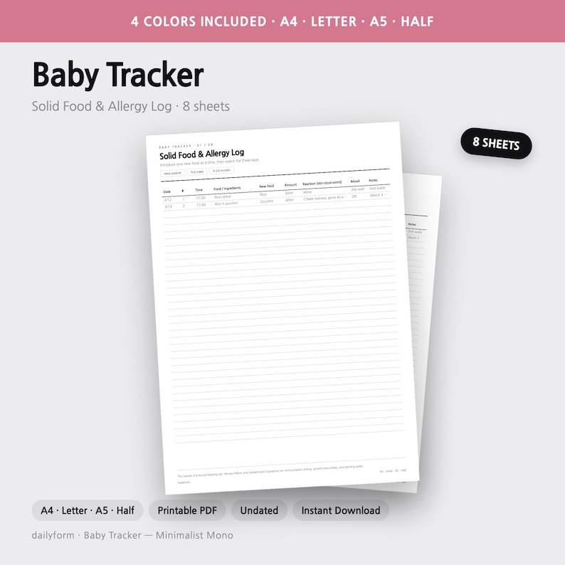 Pu&ograve; includere: Un documento stampabile Baby Tracker con un registro di alimenti solidi e allergie di 8 fogli. La carta bianca include colonne per data, ora, cibo, ingredienti, nuovo cibo, quantit&agrave;, reazione, umore e note. Include formati A4, Letter, A5 e Half.