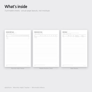 Pode incluir: Tr&ecirc;s folhas imprim&iacute;veis brancas com texto e linhas pretas. As folhas s&atilde;o intituladas Monthly Habit Tracker, Weekly Routine Check e Habit Review. O topo da imagem inclui o texto What's inside 3 printable sheets actual page layouts, not mockups.