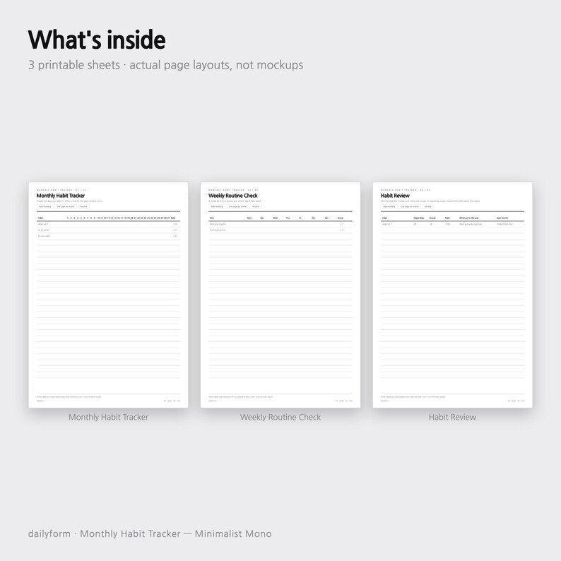 Pode incluir: Tr&ecirc;s folhas imprim&iacute;veis brancas com texto e linhas pretas. As folhas s&atilde;o intituladas Monthly Habit Tracker, Weekly Routine Check e Habit Review. O topo da imagem inclui o texto What's inside 3 printable sheets actual page layouts, not mockups.