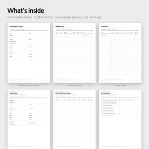 May include: Six printable sheets with black text on white backgrounds, including My Money at a Glance, Allowance Log, Chore Chart, Savings Goal, Wish List & Price Compare, and Money Missions. The layout features lines, tables, and checkboxes.