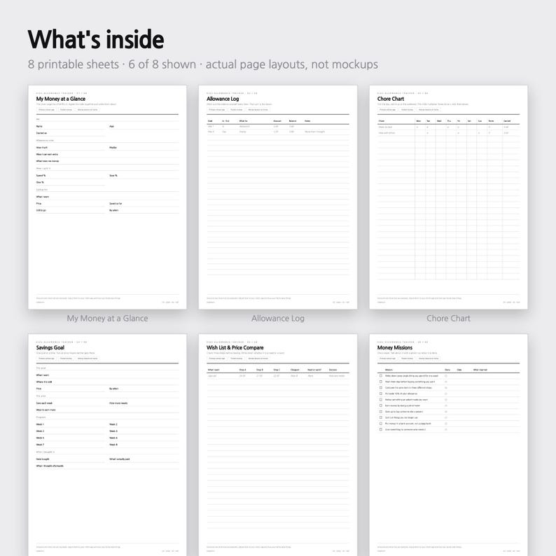 May include: Six printable sheets with black text on white backgrounds, including My Money at a Glance, Allowance Log, Chore Chart, Savings Goal, Wish List & Price Compare, and Money Missions. The layout features lines, tables, and checkboxes.