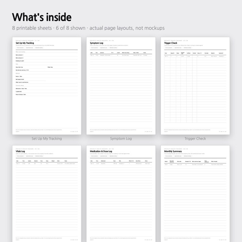 Puede incluir: Seis hojas imprimibles con texto negro sobre fondo blanco, tituladas What's inside, 8 printable sheets, 6 of 8 shown, actual page layouts, not mockups. Las hojas incluyen Set Up My Tracking, Symptom Log, Trigger Check, Vitals Log, Medication & Dose Log y Monthly Summary.