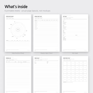 K&ouml;nnte beinhalten: Sechs druckbare Planer-Seiten mit schwarzem Text auf wei&szlig;em Hintergrund. Die Seiten enthalten ein Daily Routine Wheel, Weekly Habit Check, My Goals, Reading Log, Daily Journal und Habit Sticker Chart mit Linien und Rastern zur Organisation.