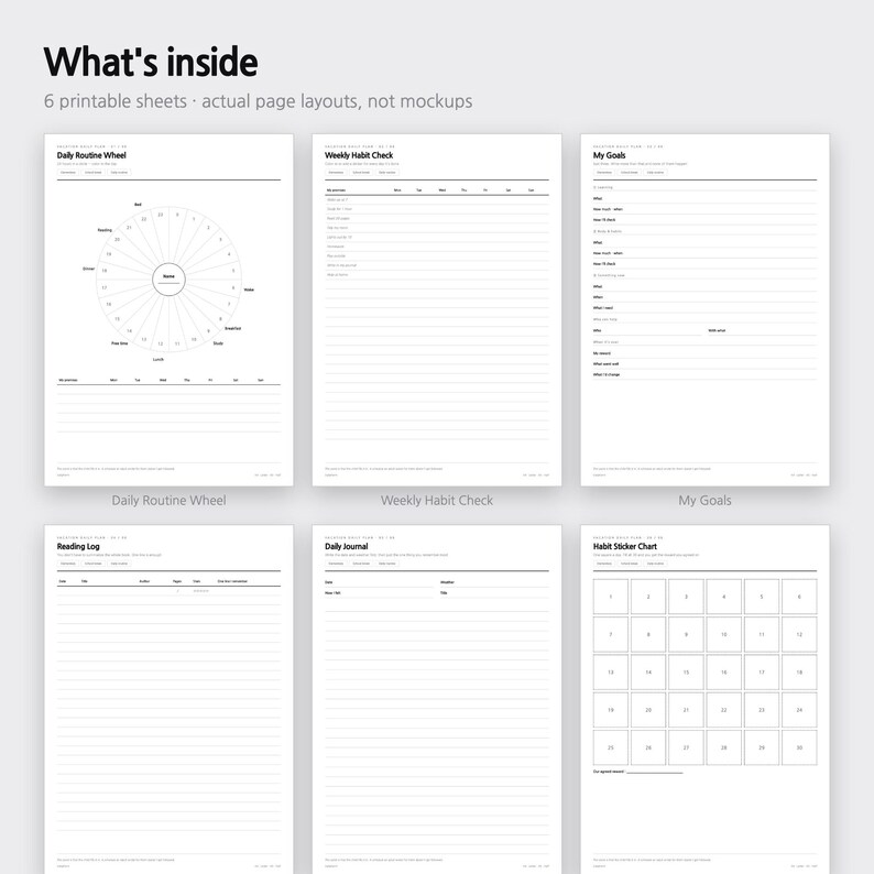 K&ouml;nnte beinhalten: Sechs druckbare Planer-Seiten mit schwarzem Text auf wei&szlig;em Hintergrund. Die Seiten enthalten ein Daily Routine Wheel, Weekly Habit Check, My Goals, Reading Log, Daily Journal und Habit Sticker Chart mit Linien und Rastern zur Organisation.