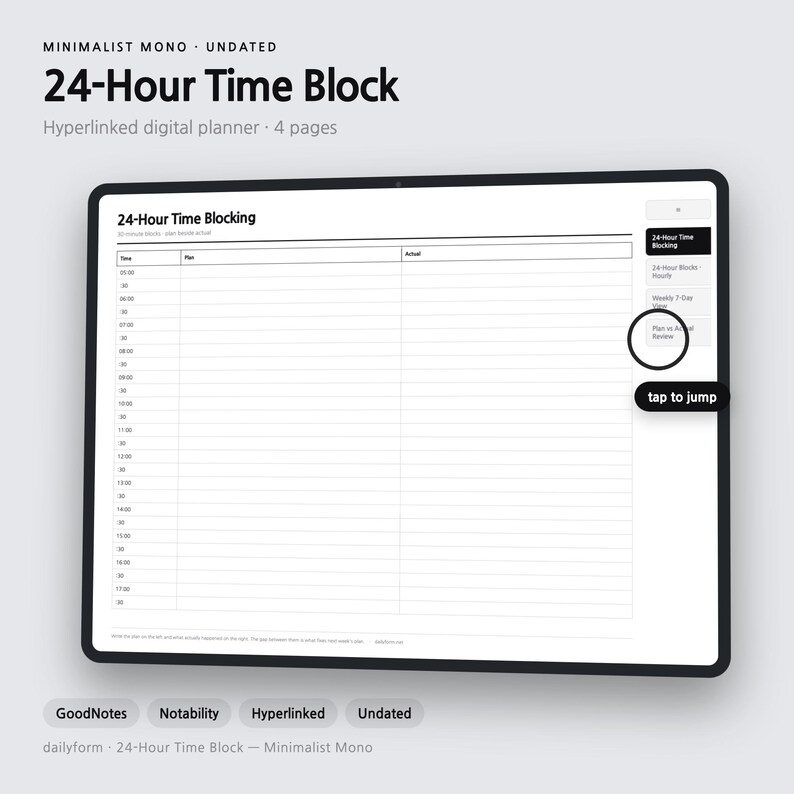 24 Hour Digital Planner | Hyperlinked - GoodNotes & Notability | 4 Colors | 4 Pages | Instant Download imagen 1