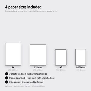 Pode incluir: Uma exibi&ccedil;&atilde;o de produto digital mostrando 4 tamanhos de papel inclu&iacute;dos: A4 (210 x 297 mm), US Letter (216 x 279 mm), A5 (148 x 210 mm) e Half Letter (140 x 216 mm). Inclui 3 folhas sem data, download instant&acirc;neo e impress&atilde;o ilimitada.