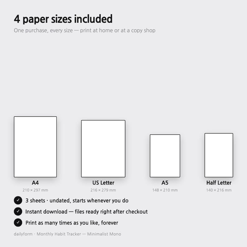 Pode incluir: Uma exibi&ccedil;&atilde;o de produto digital mostrando 4 tamanhos de papel inclu&iacute;dos: A4 (210 x 297 mm), US Letter (216 x 279 mm), A5 (148 x 210 mm) e Half Letter (140 x 216 mm). Inclui 3 folhas sem data, download instant&acirc;neo e impress&atilde;o ilimitada.