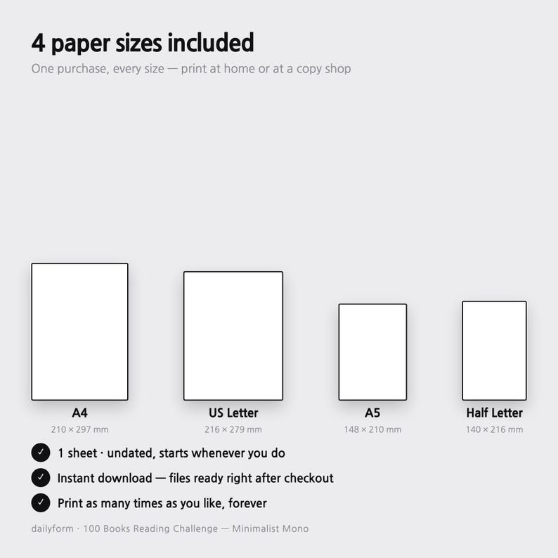 Peut inclure: Une liste de produits num&eacute;riques indiquant 4 formats de papier inclus : A4 (210 x 297 mm), US Letter (216 x 279 mm), A5 (148 x 210 mm) et Half Letter (140 x 216 mm). Le texte indique : 1 feuille non dat&eacute;e, t&eacute;l&eacute;chargement instantan&eacute;.