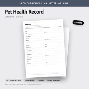 Puede incluir: Un documento imprimible de registro de salud para mascotas con un formulario de perfil que incluye campos para nombre, raza, fecha de nacimiento, n&uacute;mero de microchip, historial m&eacute;dico, detalles de alimentaci&oacute;n y contacto del due&ntilde;o. Incluye 8 hojas.