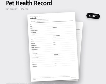 Ficha de Saúde do Animal de Estimação | Consultas Veterinárias · Vacinação · Medicamentos | Minimalista | 8 Páginas | A4, Carta, A5 (Meia Folha) | Download Imediato