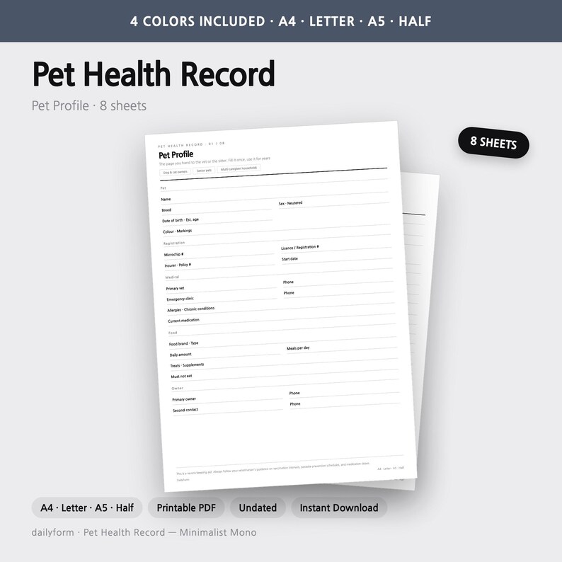 Puede incluir: Un documento imprimible de registro de salud para mascotas con un formulario de perfil que incluye campos para nombre, raza, fecha de nacimiento, n&uacute;mero de microchip, historial m&eacute;dico, detalles de alimentaci&oacute;n y contacto del due&ntilde;o. Incluye 8 hojas.
