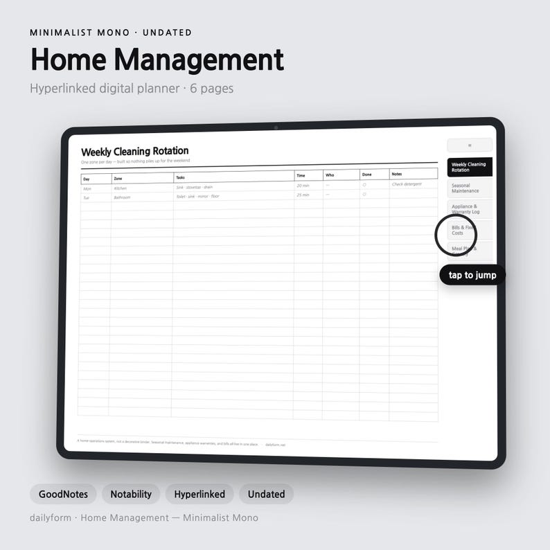 Home Management Digital Planner | Bills, Cleaning & Maintenance - GoodNotes | 4 Colors | 6 Pages | Instant Download imagen 1
