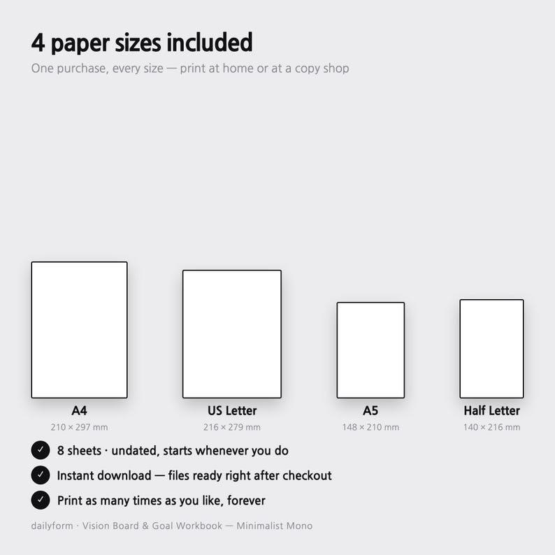 K&ouml;nnte beinhalten: Eine digitale Produktauflistung mit 4 enthaltenen Papierformaten: A4 (210 x 297 mm), US Letter (216 x 279 mm), A5 (148 x 210 mm) und Half Letter (140 x 216 mm). Enth&auml;lt 8 undatierte Bl&auml;tter, Sofort-Download und unbegrenztes Drucken.