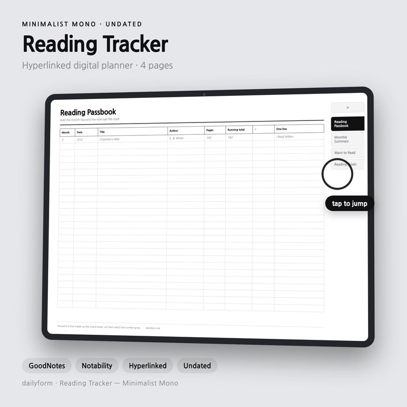Reading Tracker Digital Planner | Passbook, Monthly & Goals - GoodNotes | 4 Colors | 4 Pages | Instant Download image 1