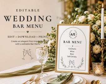 Modelo de cardápio de bar para casamento editável, placa de cardápio de coquetéis para imprimir, cardápio de bebidas elegante para casamento, download instantâneo, modelo do Canva