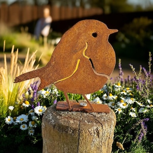 Könnte beinhalten: Eine rostfarbene Metallvogel-Skulptur, die die stilisierte Silhouette eines Rotkehlchens zeigt, mit einer deutlichen Schnittlinie, die Flügel und Körper trennt, montiert auf einem flachen, rechteckigen Metallsockel.