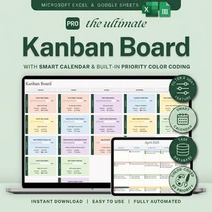 Könnte beinhalten: Eine digitale Kanban-Board-Vorlage für Microsoft Excel und Google Sheets mit einer Aufgabenverwaltungsoberfläche mit pastellfarbenen Karten, einer intelligenten Kalenderansicht und runden Symbolen mit der Beschriftung Filter & Sort, Smart Calendar, Task Database und Color-Coded by Priority.