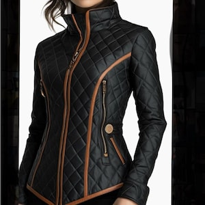 May include: A black quilted jacket featuring a high collar and tan leather-like trim along the front zipper, pockets, and seams. The garment includes long sleeves, a full-length front zipper, and two vertical zippered pockets on the front torso.