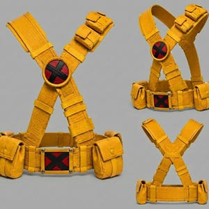 May include: A yellow tactical harness featuring a belt with multiple attached pouches and a central rectangular buckle displaying a black X on a red background. A circular emblem with a black X on a red background sits at the chest intersection.
