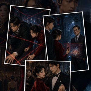 Peut inclure: Une affiche numérique intitulée VELVET PROTOCOL présentant trois panneaux d'une scène cinématographique sombre. Le texte inclut NO SAFE WAY BACK, THE CLOCK IS RUNNING et TURN THE PAGE BEFORE TIME RUNS OUT. Des personnages en tenue formelle.