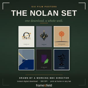 May include: A digital collection of six film posters titled The Nolan Set. The posters feature minimalist graphic illustrations for Interstellar, Inception, Oppenheimer, Dunkirk, The Dark Knight, and Batman Begins, presented in a grid on a dark background.