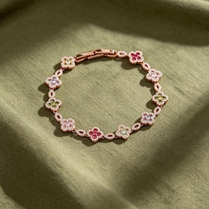 Multicolor Clover Crystal Bracelet, Rose Gold Floral Four Leaf Lucky Chain, Dainty Botanical Jewelry Gift For Her
