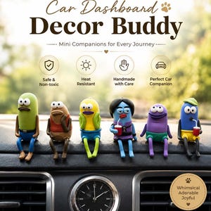 May include: Six small, colorful, cartoon-like figurines sitting on a car dashboard. The text reads: Car Dashboard Decor Buddy, Mini Companions for Every Journey, Safe & Non-toxic, Heat Resistant, Handmade with Care, Perfect Car Companion, Whimsical Adorable Joyful.