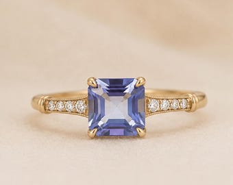 Solitaire ring met tanzaniet • Ring met in het laboratorium gekweekte tanzaniet • Verlovingsring met Asscher-slijping • Sieraden met de geboortesteen van december • Cadeau voor haar