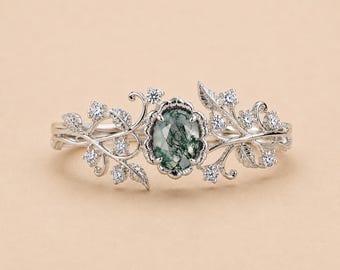 Moss Agate Bridal Ring • Green Moss Agate Ring • Green Gemstone Ring • Oval Cut Ring • Floral Accent Ring • Wedding Ring