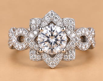 Ring met bloemmotief en moissanite • Halo verlovingsring • Unieke statement ring • Bruidssieraad • Cadeau voor haar