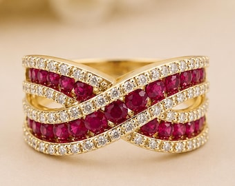 Ring met kruisend robijnmotief • Ring met rode, in het laboratorium gekweekte robijn • Stapelbare trouwring • Ringbeschermer met in elkaar grijpende schakels • Trouwring • Cadeau voor haar