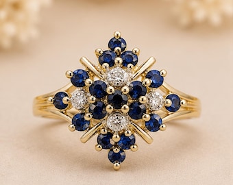 Ring met cluster van blauwe saffieren • Ring met in het laboratorium gekweekte saffieren • Ring met blauwe edelstenen • Ring met bloemmotief • Trouwring • Cadeau voor haar
