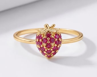 Ruby Strawberry Ring • Lab Grown Ruby Ring • Fruit Inspired Ring • Dainty Stackable Ring • July Birthstone Jewelry • Minimalist Ring