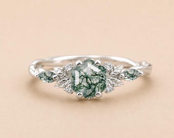 Moss Agate Bridal Ring • Green Moss Agate Ring • Green Gemstone Ring • Hexagon Cut Ring • Leaf Accent Ring • Wedding Ring
