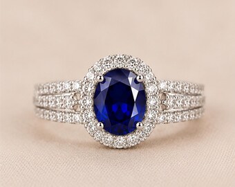 Safir Halo Ring • Labbodlad Safir Ring • Oval Förlovningsring • Delad Skaftring • Smycken med September Födelsesten • Vintage Ring