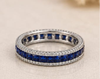 Saffieren eeuwigheidsring • Ring met in het laboratorium gekweekte saffier • Ring met blauwe prinsessenedelsteen • Sieraden met de geboortesteen van september • Trouwring