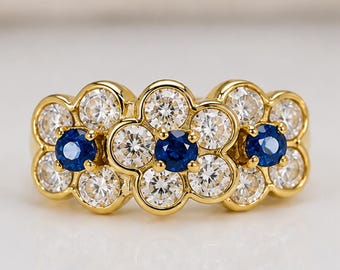 Saffieren bloemenring • Ring met in het laboratorium gekweekte saffier • Ring met blauwe edelsteen • Trouwring met bloemenmotief • Vintage sieraden • Geboortesteen van september