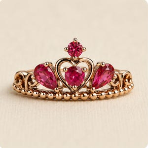 May include: A rose gold-toned ring shaped like a tiara, featuring a central heart-shaped red gemstone, two pear-shaped red gemstones on the sides, and a small round red gemstone at the top, all set on a band with a beaded texture.